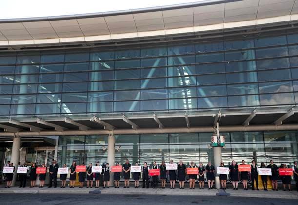 August 11, 2025, Toronto, On, CANADA: Air Canada flight attendants gather for a demonstration in preparation for a possible strike at Pearson International Airport in Toronto, on Monday, Aug. 11, 2025. Toronto CANADA  - ZUMAc35_ 20250811_zaf_c35_017 Copyright: xNathanxDenettex