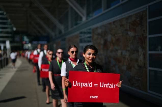 August 11, 2025, Richmond, Bc, CANADA: Air Canada flight attendants march together as they leave after holding a silent protest at Vancouver International Airport on a national day of action, as labour negotiations between the Canadian Union of Public Employees and the airline continue, in Richmond, B.C., on Monday, Aug. 11, 2025. Richmond CANADA - ZUMAc35_ 20250811_zaf_c35_037 Copyright: xDarrylxDyckx