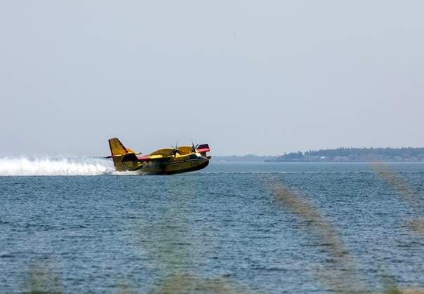 August 11, 2025, Shediac Bridge, Nb, Canada: A Quebec Water Bomber scoops water from Shediac Bay as the two Quebec based bombers help fight the forest fire in the Irishtown, N.B. area on Monday August 11, 2025. Shediac Bridge Canada  - ZUMAc35_ 20250811_zaf_c35_071 Copyright: xRonxWardx