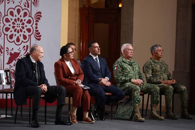 Mexican President Claudia Sheinbaum holds her daily press conference with the national security cabinet MEXICO CITY, MEXICO - AUGUST 12: (L-R) Mexican General Attorney Alejandro Gertz Manero, Mexico s Interior Minister Rosa Icela Rodriguez, Secretary of Security and Citizen Protection Omar Garcia Harfuch, Secretary of Defense Ricardo Trevilla and Secretary of the Navy Raymundo Morales, attend a press conference, at the National Palace, in Mexico City, Mexico on August 12, 2025. Results of the national security strategy were presented during the press conference, included the seizure of weapons and drugs, the arrest of cartel members and a decrease in homicides. Daniel Cardenas Anadolu Mexico City Mexico. Editorial use only. Please get in Copyright: x2025xAnadoluxDanielxCardenasx