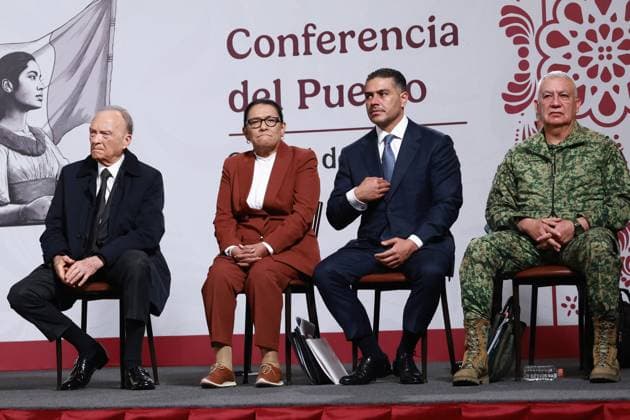 Mexican President Claudia Sheinbaum holds her daily press conference with the national security cabinet MEXICO CITY, MEXICO - AUGUST 12: (L-R) Mexican General Attorney Alejandro Gertz Manero, Mexico s Interior Minister Rosa Icela Rodriguez, Secretary of Security and Citizen Protection Omar Garcia Harfuch and Secretary of Defense Ricardo Trevilla, attend a press conference, at the National Palace, in Mexico City, Mexico on August 12, 2025. Results of the national security strategy were presented during the press conference, included the seizure of weapons and drugs, the arrest of cartel members and a decrease in homicides. Daniel Cardenas Anadolu Mexico City Mexico. Editorial use only. Please get in touch for any other usage. Copyright: x2025xAnadoluxDanielxCardenasx