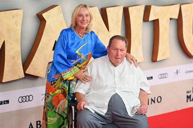 Ottfried FISCHER cabaret artist, actor in a wheelchair, with wife Simone Brandlmeier, film premiere DAS KANU DES MANITU on 12 08 2025 at the Mathaeser Kino in Munich