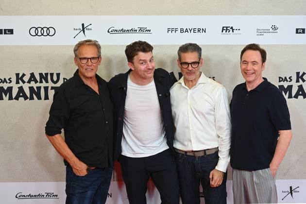 from left Christian TRAMITZ actor , Friedrich MUECKE actor , Rick KAVANIAN,Michael Bully HERBIG director,producer,author , movie premiere DAS KANU DES MANITU on 12 08 2025 at the Mathaeser Kino in Munich