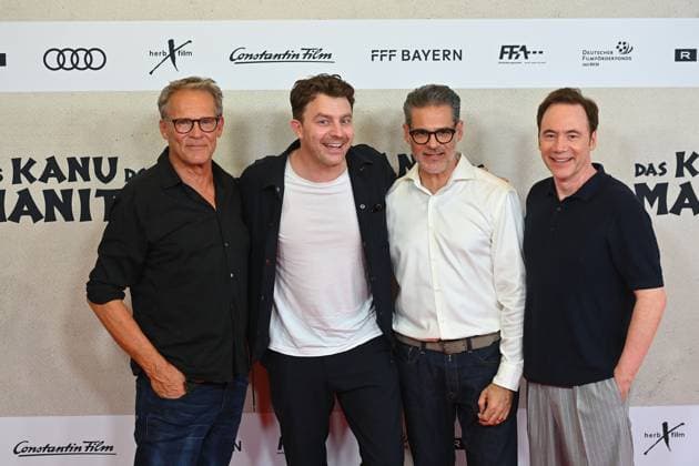 from left Christian TRAMITZ actor , Friedrich MUECKE actor , Rick KAVANIAN,Michael Bully HERBIG director,producer,author , movie premiere DAS KANU DES MANITU on 12 08 2025 at the Mathaeser Kino in Munich