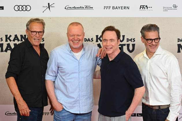 from left Christian TRAMITZ actor , Stefan RAAB, Michael Bully HERBIG director,producer,author , Rick KAVANIAN, movie premiere DAS KANU DES MANITU on 12 08 2025 at the Mathaeser cinema in Munich