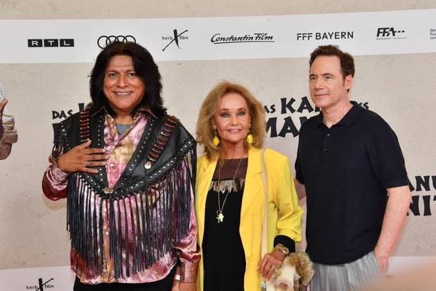 Alan Tafoya, Hella Brice and Michael Bully Herbig at the öThe Canoe of Manitou movie premiere on 12 08 2025 in Munich öThe Canoe of Manitou movie premiere in Munich