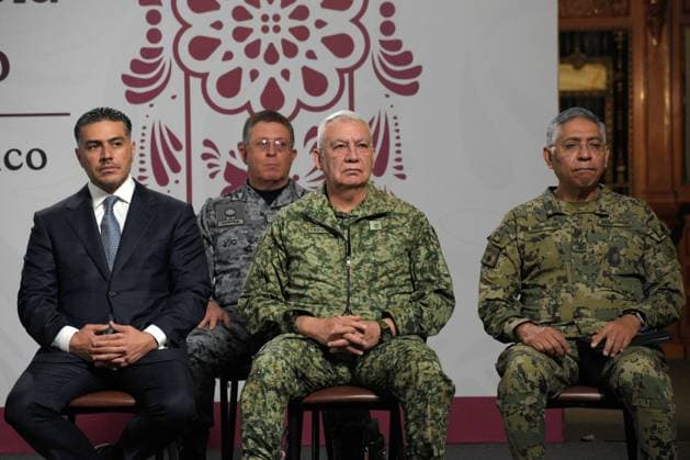 Mexico™s President Claudia Sheinbaum Holds Briefing (L-R) Secretary of Security and Citizen Protection, Omar Garcia Harfuch; Minister of Mexican National Defense, Ricardo Trevilla Trejo and Minister of the Mexico s Navy, Raymundo Morales Angeles during the security report at a briefing conference at National Palace. on August 12, 2025 in Mexico City, Mexico. Mexico City CDMX Mexico Copyright: xLuisxBarronx