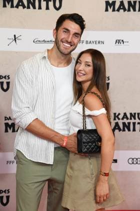 Dennis Gries with girlfriend Katharina Katja Geretschuchin at the world premiere of the movie DAS KANU DES MANITU at the Mathäser Filmpalast in Munich on 12 08 2025