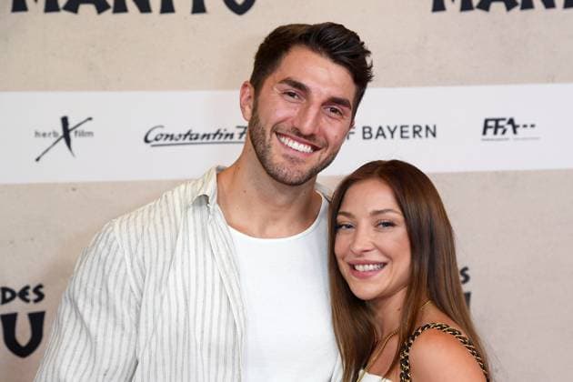 Dennis Gries with girlfriend Katharina Katja Geretschuchin at the world premiere of the movie DAS KANU DES MANITU at the Mathäser Filmpalast in Munich on 12 08 2025