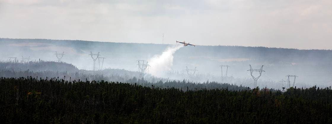 August 14, 2025, St. John s, Nl, CANADA: A water bomber provides a steady steam of water to assist crews on the ground at the Paddy s Pond wildfire, just outside St. John s, N.L., on Thursday, Aug. 14, 2025. St. John s CANADA  - ZUMAc35_ 20250814_zaf_c35_073 Copyright: xPaulxDalyx