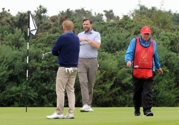 Vice President JD Vance Golf Ayrshire 14th August 2025. Vice President JD Vance is playing golf, guided by caddies round the Turnberry course three weeks after President Donald Trump hit the greens at his Ayrshire resort.  Copyright: xLesxGallagherx NINTCHDBPICT001016221115