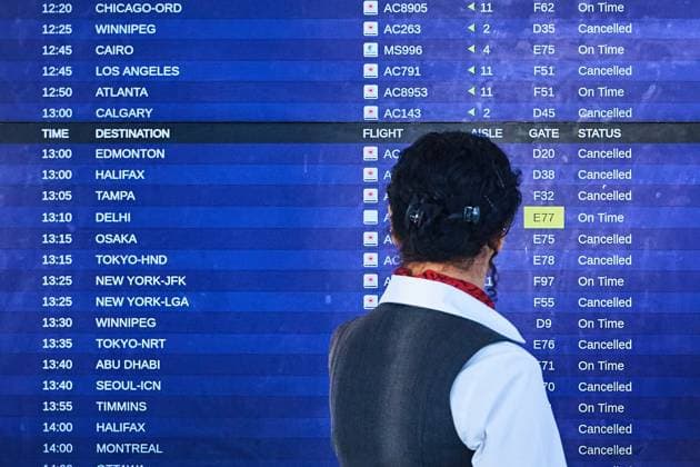 August 16, 2025, Toronto, On, Canada: Air Canada flights show as cancelled at Pearson International Airport as flight attendants go on strike in Toronto on Saturday, Aug. 16, 2025. Toronto Canada  - ZUMAc35_ 20250816_zaf_c35_025 Copyright: xSammyxKoganx
