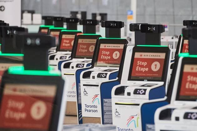 August 16, 2025, Toronto, On, Canada: Check-in kiosks stand empty by the Air Canada departure gates as flight attendants strike at Pearson International Airport in Toronto on Saturday, Aug. 16, 2025. Toronto Canada  - ZUMAc35_ 20250816_zaf_c35_035 Copyright: xSammyxKoganx