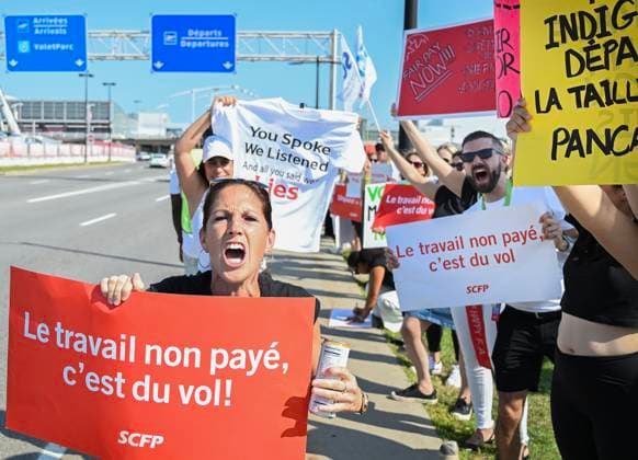 August 16, 2025, Montreal, Pq, Canada: Air Canada flight attendants strike outside MontrealöÄÃ¬Trudeau International Airport in Montreal, Saturday, Aug. 16, 2025. Montreal Canada  - ZUMAc35_ 20250816_zaf_c35_041 Copyright: xGrahamxHughesx