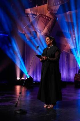 The Amanda Award 2025 Haugesund 20250816 Minister of Culture and Equality Lubna Jaffery presents this years Honorary Amanda at the Amanda Award ceremony in Festiviteten in Haugesund Photo Jan Kare Ness NTB Haugesund Norway S6fOv aU044 EDITORIAL USE ONLY Ref ENTS6fOv aU044 jpg  Copyright: xJanxKarexNessx xNTBx