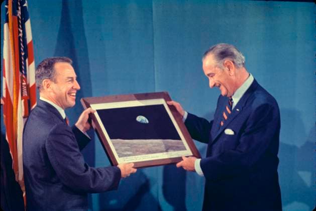 January 8, 1969, Washington, District Of Columbia, USA: Apollo 8 command module pilot Jim Lovell, left, presents United States President Lyndon B Johnson a framed and autographed copy of the photograph Ã¢â‚¬oeEarthriseÃ¢â‚¬Â that was taken while he and crewmates commander Frank Borman and lunar module pilot William Anders orbited the Moon on Christmas Eve 1968, at the White House in Washington, DC, USA, on January 8, 1969 Washington USA - ZUMAesen 19690108_faa_s152_001 Copyright: xArniexSachsx