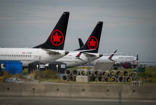 August 18, 2025, Richmond, Bc, CANADA: A tug is used to move an Air Canada Boeing 737 MAX 8, back right, to storage as other aircraft sit parked at Vancouver International Airport, in Richmond, B.C., on Monday, August 18, 2025. The Canadian Union of Public Employees says a strike by 10,000 flight attendants at Air Canada will continue, defying an order from the Canada Industrial Relations Board that it provide public notice by noon ET Monday that it had ended the strike. Richmond CANADA - ZUMAc35_ 20250818_zaf_c35_086 Copyright: xDarrylxDyckx