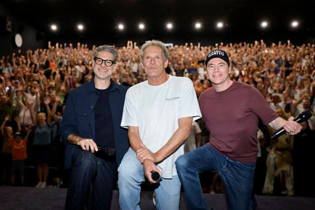 Actors Rick Kavanian, Christian Tramitz and Michael Bully Herbig on the cinema tour for their new film Das Kanu des Manitu at Cineplex Kino Leverkusen, 18 08 2025 NRW Germany Copyright: xChristophxHardtx