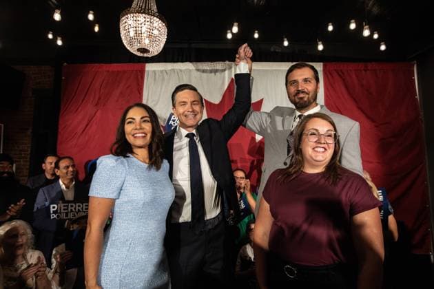 August 18, 2025, Camrose, Ab, CANADA: p>From left, Anaida Poilievre, Conservative Party Leader Pierre Poilievre, Damien Kurek and Danielle Kurek celebrate Conservative Party Leader Pierre Poilievre s win during the Battle River-Crowfoot byelection in Camrose, Alta., Monday, Aug. 18, 2025. Camrose CANADA - ZUMAc35_ 20250818_zaf_c35_124 Copyright: xJasonxFransonx