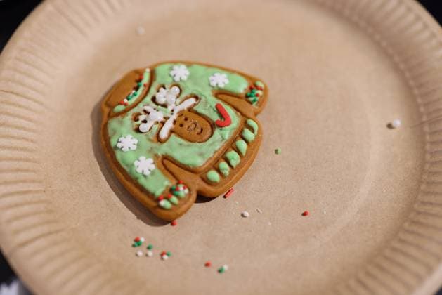 IMAGO Creative, Weihnachten, Food, Backen, Lebkuchen Festive Gingerbread Sweater Cookie Decorated with Colorful Icing and Lots of Sprinkles A charming gingerbread cookie shaped like a sweater, decorated for the holidays with icing and festive sprinkles., 63543154.jpg RECORD DATE NOT STATED