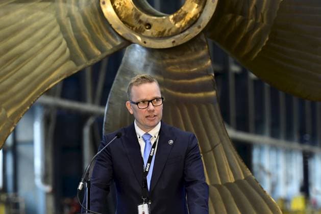 CEO of Helsinki Shipyard Kim Salmi speaks during a steel cutting ceremony for the beginning of construction of the Polar Max Icebreaker in Helsinki Shipyard in Helsinki, Finland on August 20, 2025. Polar Max is the first newbuild project at the Helsinki Shipyard under Canadian-owned Davie s ownership. Project will be carried out in collaboration between Finnish and Canadian maritime industry experts and the finished vessel is scheduled to be delivered to the Canadian government by 2030. The project is aligned with the principles of the Icebreaker Collaboration Effort ( ICE Pact ) between Finland, the United States and Canada. Helsinki Finland  Copyright: xMarkkuxUlanderx LKFTJK20250820130855ETSU