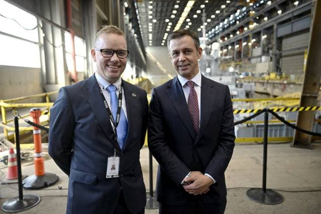 CEO of Helsinki Shipyard Kim Salmi (L) and CEO of Davie, James Davies during a steel cutting ceremony for the beginning of construction of the Polar Max Icebreaker in Helsinki Shipyard in Helsinki, Finland on August 20, 2025. Polar Max is the first newbuild project at the Helsinki Shipyard under Canadian-owned Davie s ownership. Project will be carried out in collaboration between Finnish and Canadian maritime industry experts and the finished vessel is scheduled to be delivered to the Canadian government by 2030. The project is aligned with the principles of the Icebreaker Collaboration Effort ( ICE Pact ) between Finland, the United States and Canada. Helsinki Finland  Copyright: xMarkkuxUlanderx LKFTJK20250820142045ZWCA
