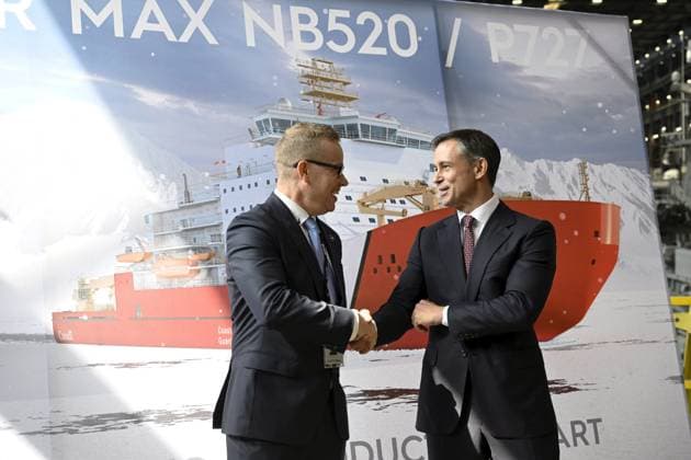 CEO of Helsinki Shipyard Kim Salmi (L) and CEO of Davie, James Davies shake hands during a steel cutting ceremony for the beginning of construction of the Polar Max Icebreaker in Helsinki Shipyard in Helsinki, Finland on August 20, 2025. Polar Max is the first newbuild project at the Helsinki Shipyard under Canadian-owned Davie s ownership. Project will be carried out in collaboration between Finnish and Canadian maritime industry experts and the finished vessel is scheduled to be delivered to the Canadian government by 2030. The project is aligned with the principles of the Icebreaker Collaboration Effort ( ICE Pact ) between Finland, the United States and Canada. Helsinki Finland  Copyright: xMarkkuxUlanderx LKFTJK20250820142133VMIW