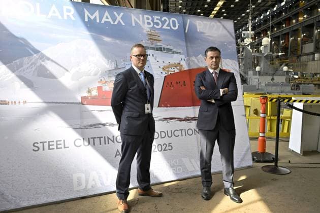 CEO of Helsinki Shipyard Kim Salmi (L) and CEO of Davie, James Davies during a steel cutting ceremony for the beginning of construction of the Polar Max Icebreaker in Helsinki Shipyard in Helsinki, Finland on August 20, 2025. Polar Max is the first newbuild project at the Helsinki Shipyard under Canadian-owned Davie s ownership. Project will be carried out in collaboration between Finnish and Canadian maritime industry experts and the finished vessel is scheduled to be delivered to the Canadian government by 2030. The project is aligned with the principles of the Icebreaker Collaboration Effort ( ICE Pact ) between Finland, the United States and Canada. Helsinki Finland  Copyright: xMarkkuxUlanderx LKFTJK20250820142401CJQS