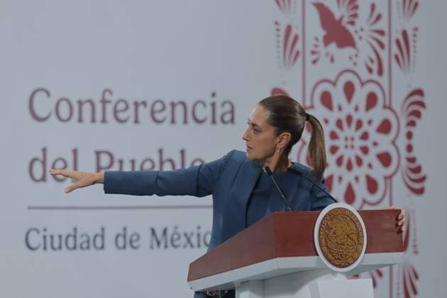 Mexico™s President Claudia Sheinbaum Holds Briefing Mexico s President Claudia Sheinbaum Pardo, speaks during a news conference about the derailment of the Maya train while attempting a track change at Izamal station in the state of Yucatan at National Palace. on August 20, 2025 in Mexico City, Mexico. (Photo by Carlos Santiago Eyepix Group) Copyright: xCarlosxSantiago xEyepixxGroupx CS_20082025_165946