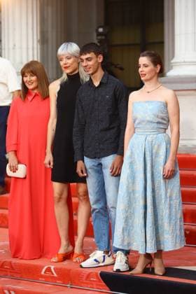 Sarajevo, Bosnia and Herzegovina, 200825. Director and writer Hana Jusic with producer Ankica Tilic and actors Mauro Ercegovic Gracin and Ana Marija Veselcic on the red carpet before the premiere of her film God will not help, at 31st Sarajevo Film Festival, 6th day. Photo: Antonio Balic CROPIX Copyright: xxAntonioxBalicx xCROPIXx sff_sesti_dan36-200825
