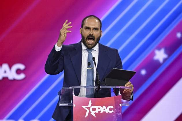 CPAC 2024 in Maryland MARYLAND, UNITED STATES - FEBRUARY 24: Member of the Brazil Chamber of Deputies and Jair Bolsonaro s son Eduardo Bolsonaro speaks during the 2024 Conservative Political Action Conference (CPAC) in National Harbor, Maryland, United States on February 24, 2024. Maryland United States. Editorial use only. Please get in touch for any other usage.  Copyright: x2025xAnadoluxCelalxGüneÅüx