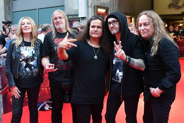 German premiere of Kreator Hate Hope on 21 08 2025 at the Lichtburg in Essen V l n r Director and author Cordula Kablitz Post Drummer Jürgen Ventor Reil Singer and guitarist Miland Mille Petrozza Bassist Frederic Leclercq Guitarist Sami Yli Sirniö at the German premiere of the feature film Kreator Hate Hope on 21 08 2025 at the Lichtburg in Essen xRx