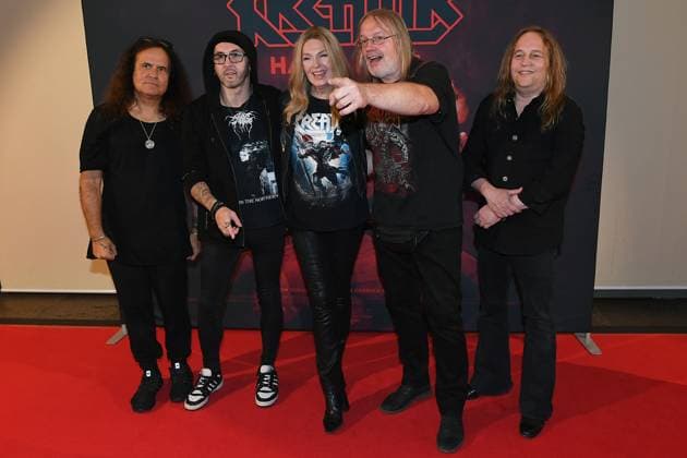 German premiere of Kreator Hate Hope on 21 08 2025 at the Lichtburg in Essen V l n r Singer and guitarist Miland Mille Petrozza Bassist Frederic Leclercq Director and author Cordula Kablitz Post Drummer Jürgen Ventor Reil Guitarist Sami Yli Sirniö at the German premiere of the movie Kreator Hate Hope on 21 08 2025 at the Lichtburg in Essen xRx
