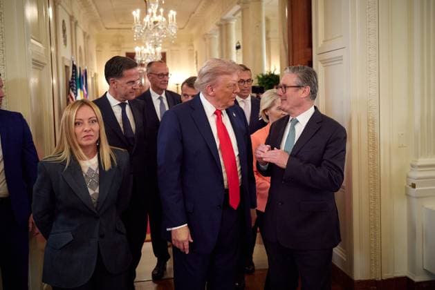 Ukrainian President Volodymyr Zelenskyy visits the White House Working Visit of the President of Ukraine to USA on 18 August 2025 in Washington D.C. Italian Prime Minister Giorgia Meloni, NATO Secretary-General Mark Rutte, German Chancellor Friedrich Merz, U.S. President Donald Trump, British Prime Minister Keir Starmer. Copyright: xx