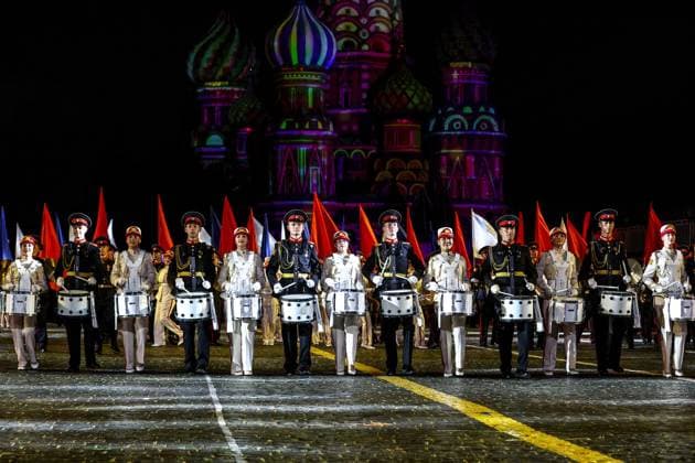 RUSSIA, MOSCOW - AUGUST 22, 2025: An orchestra performs during the opening ceremony of the 17th Spasskaya Tower International Military Music Festival in Red Square. Sergei Bulkin TASS  83327910