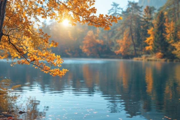 AI-GENERATED IMAGO Creative, Jahreszeit Herbst auf dem Land Autumn Leaves Overlooking a Tranquil Lake at Sunset A single tree branch with vibrant yellow leaves hangs over a still lake. The sun is setting in the distance, casting a warm glow on the water and surrounding trees, creating a peaceful and serene scene., 60795266.jpg RECORD DATE NOT STATED