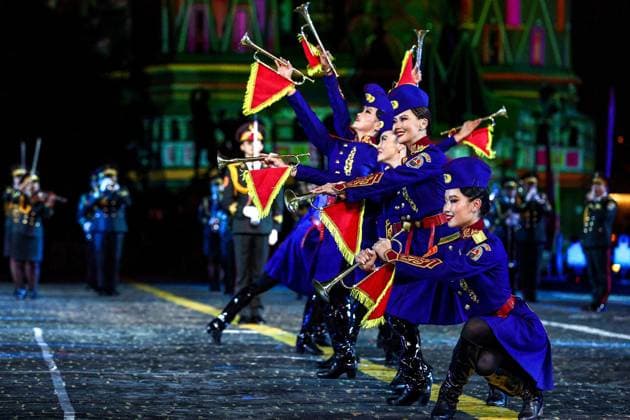 RUSSIA, MOSCOW - AUGUST 22, 2025: The Mongolian Military Song and Dance Academic Ensemble perform during the opening ceremony of the 17th Spasskaya Tower International Military Music Festival in Red Square Moscow Russia  - ZUMAt113 20250822_zaa_t113_421 Copyright: xSergeixBulkinx