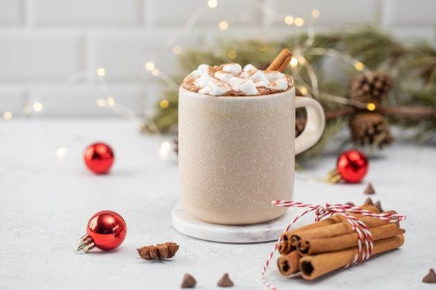 Weihnachtskakao mit kleinen Marshmallows und Zimt Christmas cocoa with small marshmallows and cinnamon sticks against fir branches. Winter holiday atmosphere traditional drink. New year celebration (License=RF) Copyright: xZoonar.com ViktoriiaxPopovax 23870517