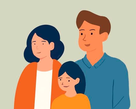 Illustration of family portrait with parents and daughter together indoors, FLMF01495