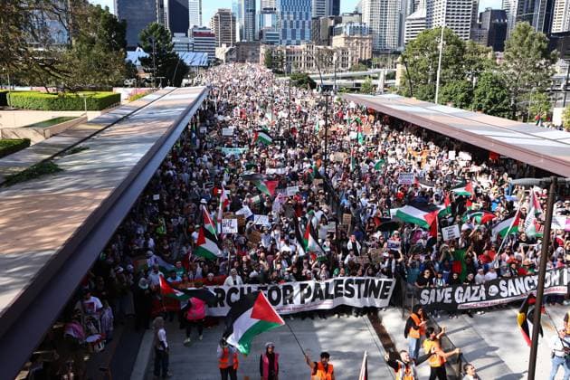 NATIONWIDE MARCH FOR PALESTINE, Protesters participate in pro Palestinian rally in Brisbane, Sunday, August 24, 2025. ( NO ARCHIVING XXX NEW SOUTH WALES AUSTRALIA  Copyright: xJASONxO BRIENx 20250824178472646726