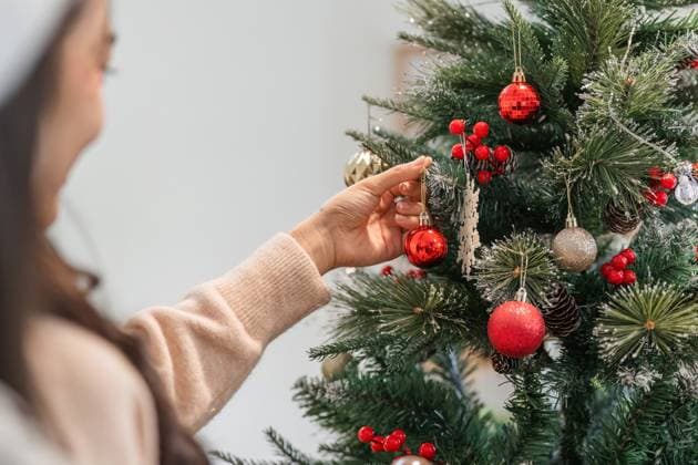 Young Woman Joyfully Decorating Her Room with Festive Christmas Ornaments and a Beautifully Lit Tree A young woman adds festive decorations to her room, creating a warm and joyful Christmas atmosphere., model released, , 63658898.jpg RECORD DATE NOT STATED