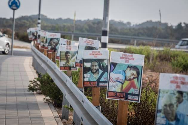 Israel nationwide protests Calling for a Hostage release deal Placards showing Israeli hostages held by Hamas in Gaza are seen on the side of the road near Beit Yanai North of Tel Aviv,Tuesday, Aug 26 2025. Major highways across Israel were blocked Tuesday morning as the Hostages and Missing Families Forum, along with anti-Netanyahu and anti-government groups, launched another day of protests demanding action for the Israeli hostages. Photo by Eyal Warshavsky. Beit Yanai Israel Copyright: xEyalxWarshavskyx