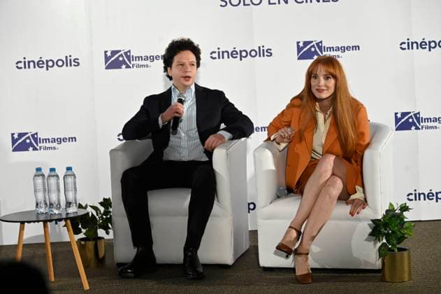 August 26, 2025, Mexico City, Ciudad de Mexico, Mexico: Actress Jessica Chastain and Michel Franco during a press conference to promote the movie Dreams at Cinepolos Plaza Miyana. on August 26, 2025 in Mexico City, Mexico. Mexico City Mexico - ZUMAe321 20250826_zea_e321_027 Copyright: xCarlosxTischlerx