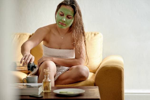 Face mask, tea and woman with home skincare cream for skin detox, cosmetics hydration or beauty routine. Cosmetology, spa salon and relax person with luxury facial treatment, self care or wellness Face mask, tea and woman with home skincare cream for skin detox, cosmetics hydration or beauty routine. Cosmetology, spa salon and relax person with luxury facial treatment, self care or wellness., model released, , 64302678.jpg RECORD DATE NOT STATED