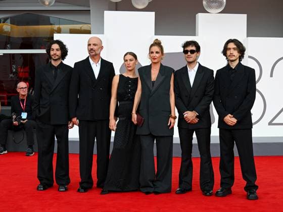 Venice, ITALY: Venice, 82nd Venice International Film Festival 2025 - evening 3 - red carpet of the film A Pied D Oeuvre - In the photo: Sayyid El Alami, Julien Colonna, Lou Lampros, Agathe Riedinger, Zoran Boukherma, Ludovic Boukherma Venice ITALY  - ZUMAp169 20250829_zea_p169_737 Copyright: xManuelexMangiarottix