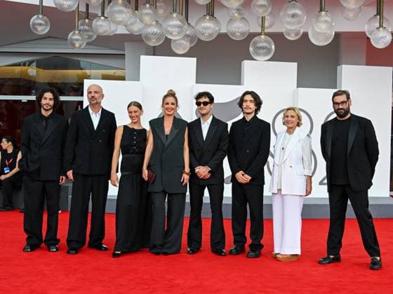 Venice, ITALY: Venice, 82nd Venice International Film Festival 2025 - evening 3 - red carpet of the film A Pied D Oeuvre - In the photo: Sayyid El Alami, Julien Colonna, Lou Lampros, Agathe Riedinger, Zoran Boukherma, Ludovic Boukherma, guest Venice ITALY  - ZUMAp169 20250829_zea_p169_751 Copyright: xManuelexMangiarottix
