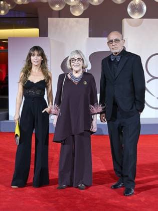 Venice, Italy: Venice, 82nd Venice International Film Festival 2025 - Evening 3 - The red carpet for the film Calle Malaga. Pictured are Carmen Maura, Ahmed Boulane, and Marta Etura. Venice Italy  - ZUMAp169 20250829_zea_p169_1326 Copyright: xManuelexMangiarottix