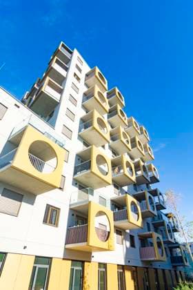 Creative Highlights World modern apartment houses in urban development area Berresgasse, modern protruding balconies Vienna 22. Donaustadt Wien Austria