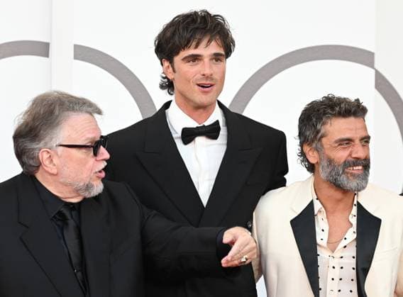 Mexican director Guillermo Del Toro, Autralian actor Jacob Elordi and American actor Oscar Isaac attend the premiere of Frankenstein at the 82nd Venice Film Festival in Venice, Italy on Saturday, August 30, 2025.  VEN20250830151 RUNExHELLESTAD