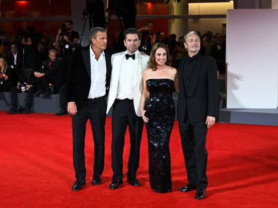 Venice, ITALY: Venice, 82nd Venice International Film Festival 2025 - Evening 4 - Red Carpet of the Film The Last Viking - In the photo: Anders Thomas Jensen, Sofie Grabol, Nikolaj Lie Kaas Mads Mikkelsen, Venice ITALY  - ZUMAp169 20250830_zea_p169_2105 Copyright: xManuelexMangiarottix